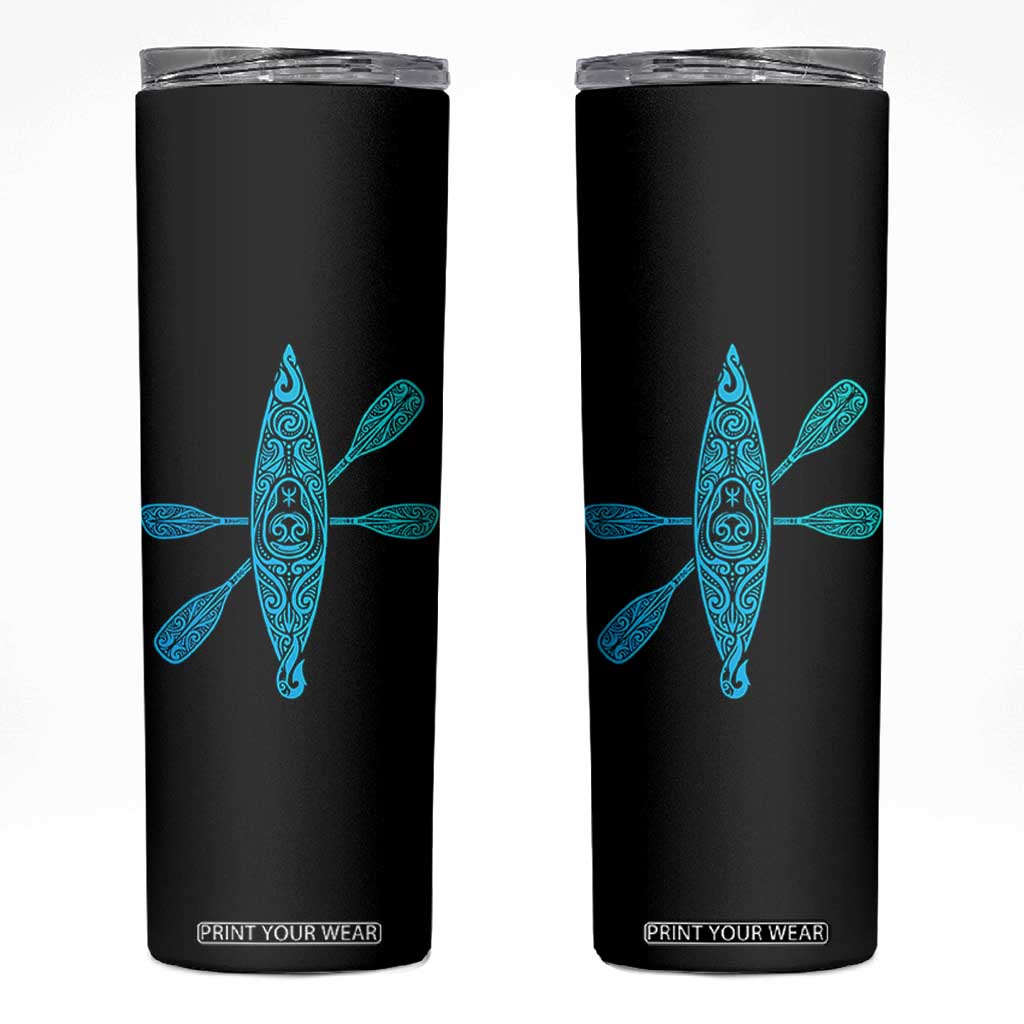 Polynesian Tribal Kayak Graphic Skinny Tumbler Maori Pattern Water Sports Cyan Gradient Paddling