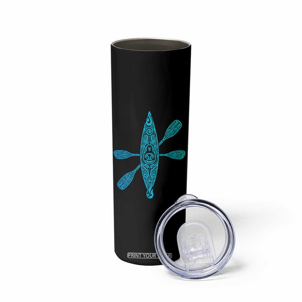 Polynesian Tribal Kayak Graphic Skinny Tumbler Maori Pattern Water Sports Cyan Gradient Paddling