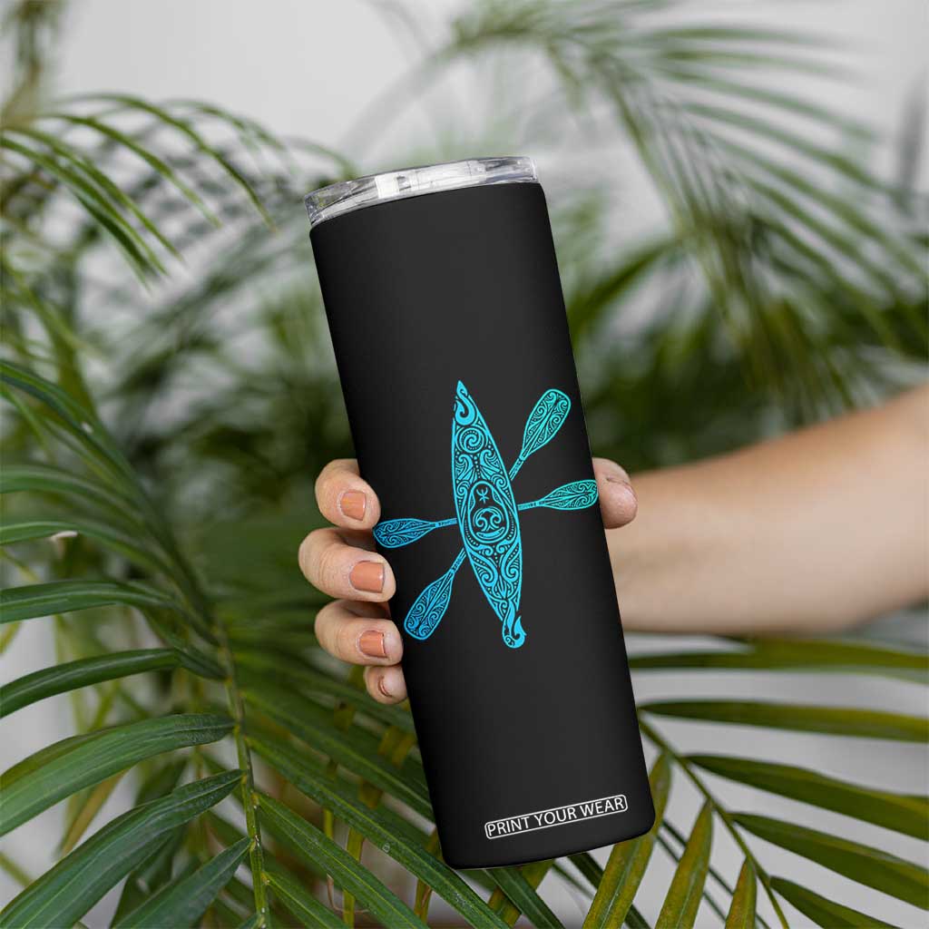 Polynesian Tribal Kayak Graphic Skinny Tumbler Maori Pattern Water Sports Cyan Gradient Paddling