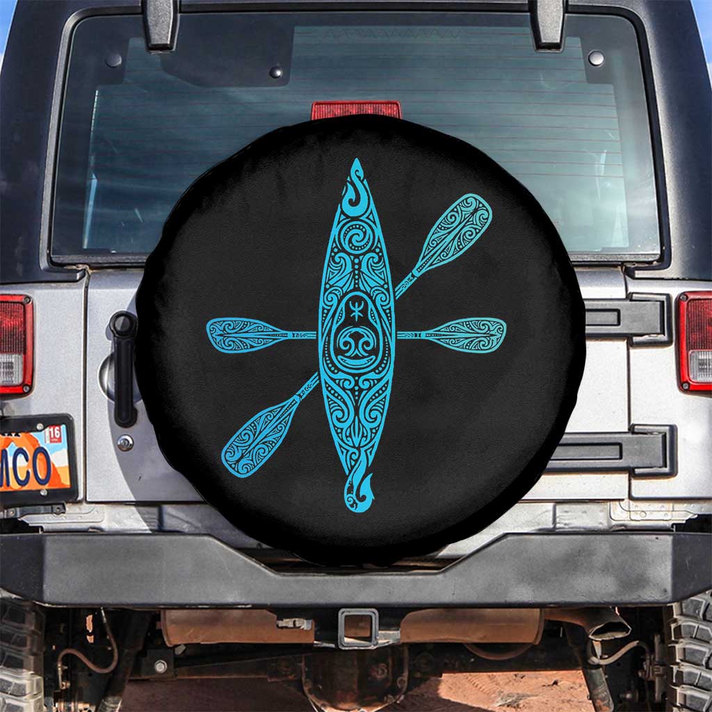 Polynesian Tribal Kayak Graphic Spare Tire Cover Maori Pattern Water Sports Cyan Gradient Paddling TS02 No hole Black Print Your Wear
