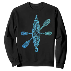 Polynesian Tribal Kayak Graphic Sweatshirt Maori Pattern Water Sports Cyan Gradient Paddling