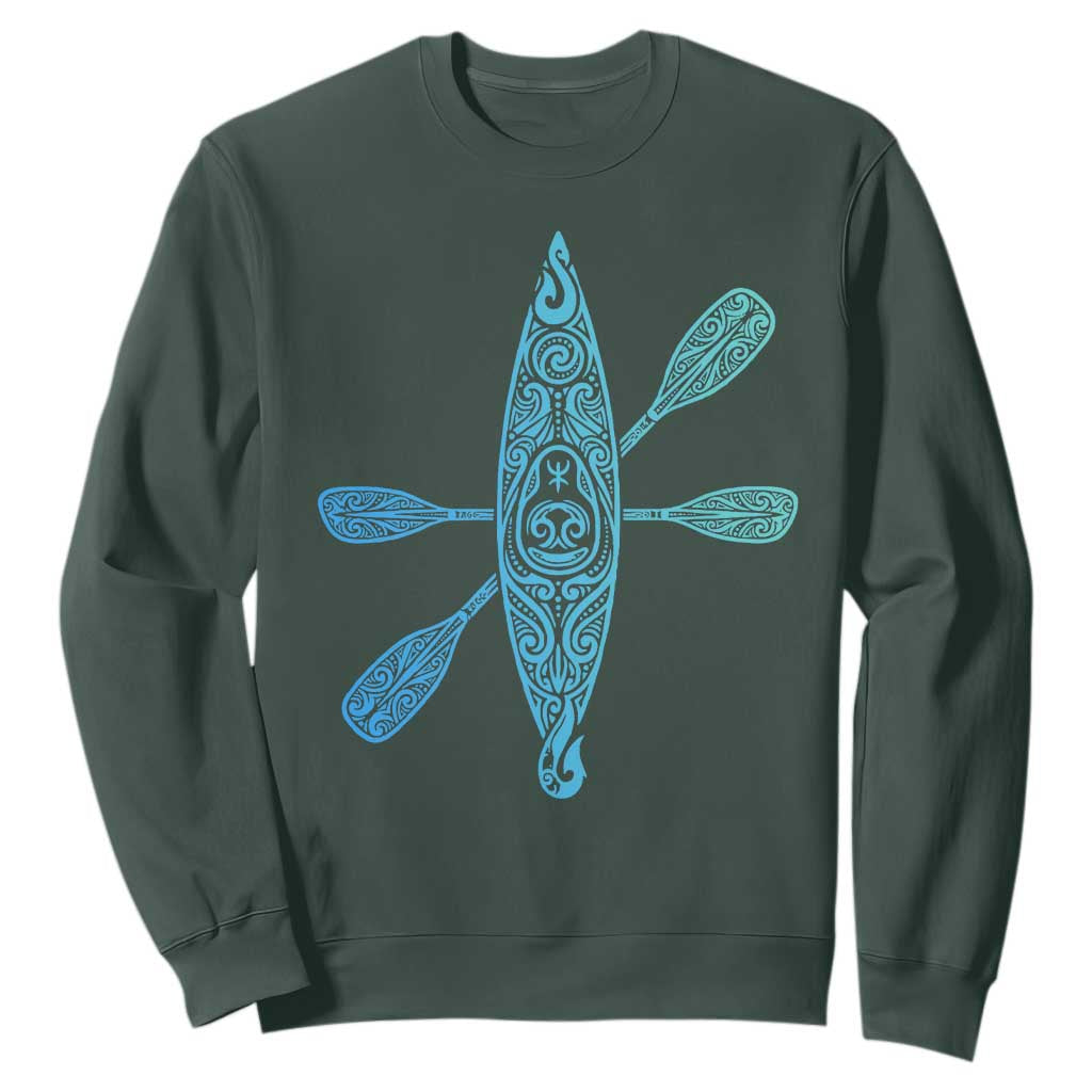 Polynesian Tribal Kayak Graphic Sweatshirt Maori Pattern Water Sports Cyan Gradient Paddling