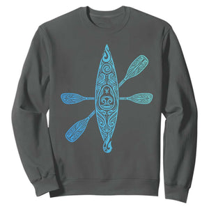 Polynesian Tribal Kayak Graphic Sweatshirt Maori Pattern Water Sports Cyan Gradient Paddling