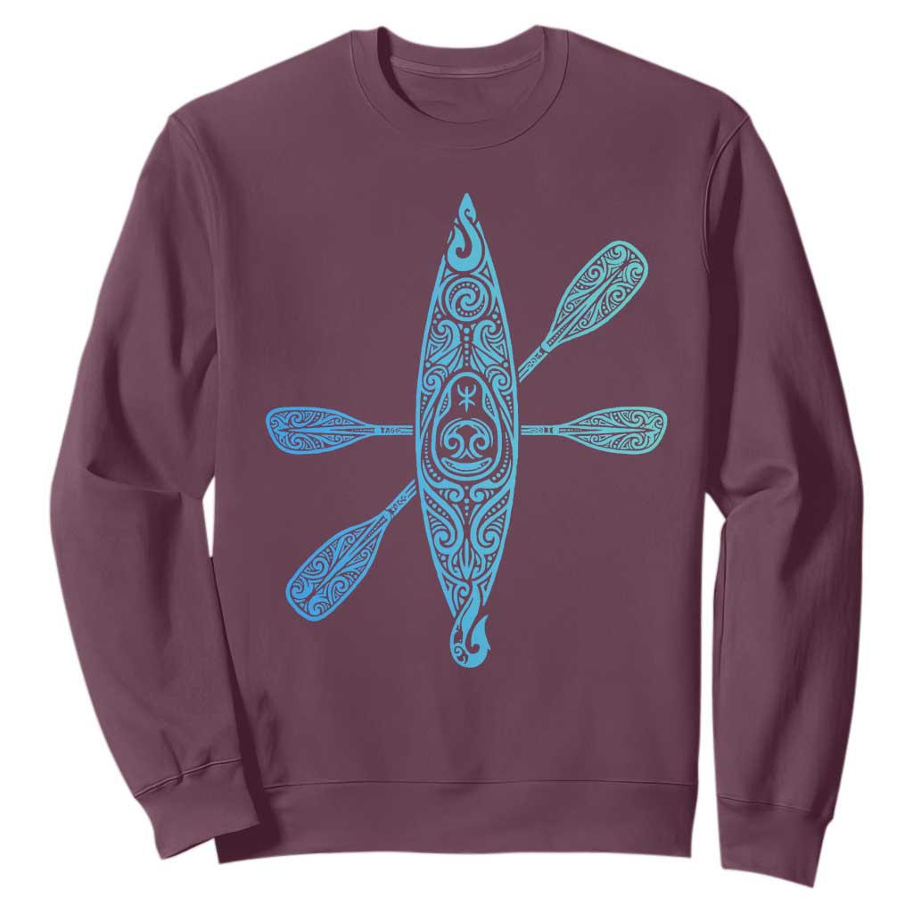 Polynesian Tribal Kayak Graphic Sweatshirt Maori Pattern Water Sports Cyan Gradient Paddling
