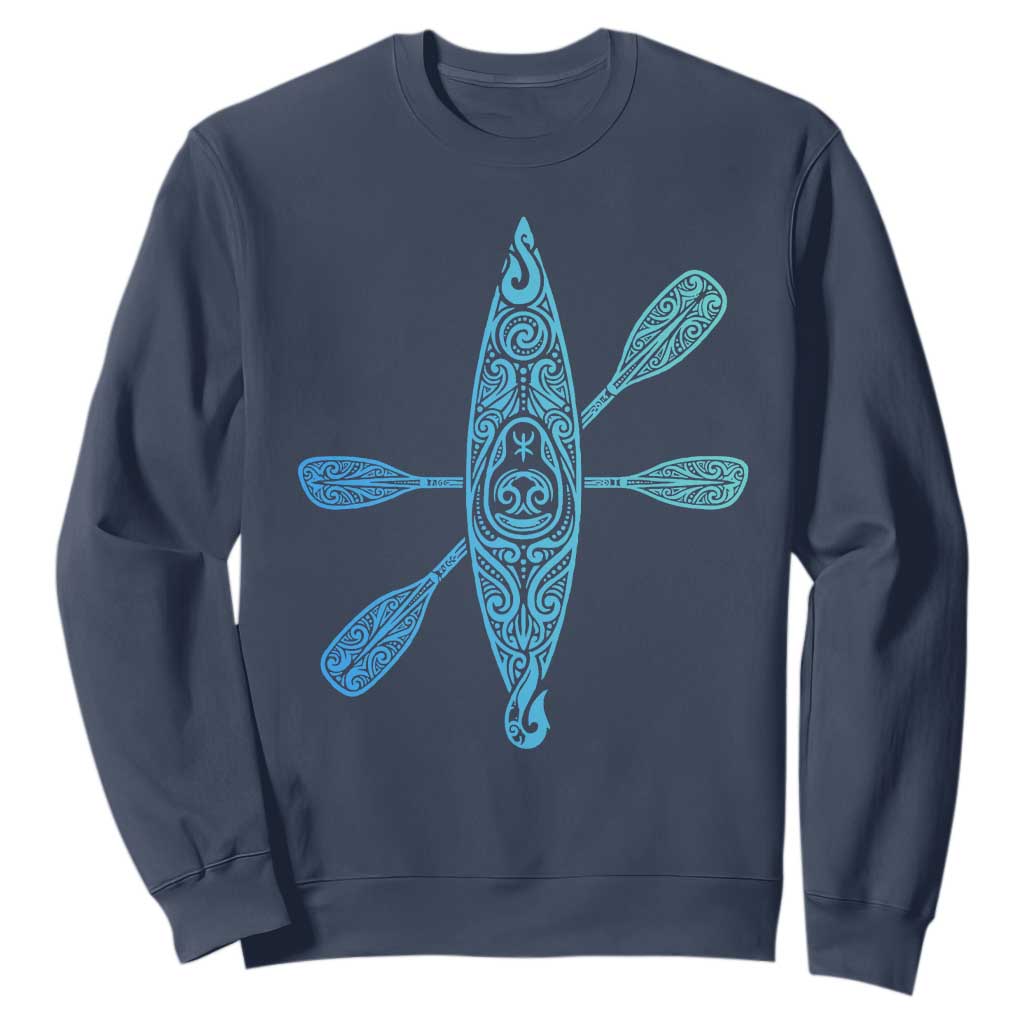 Polynesian Tribal Kayak Graphic Sweatshirt Maori Pattern Water Sports Cyan Gradient Paddling