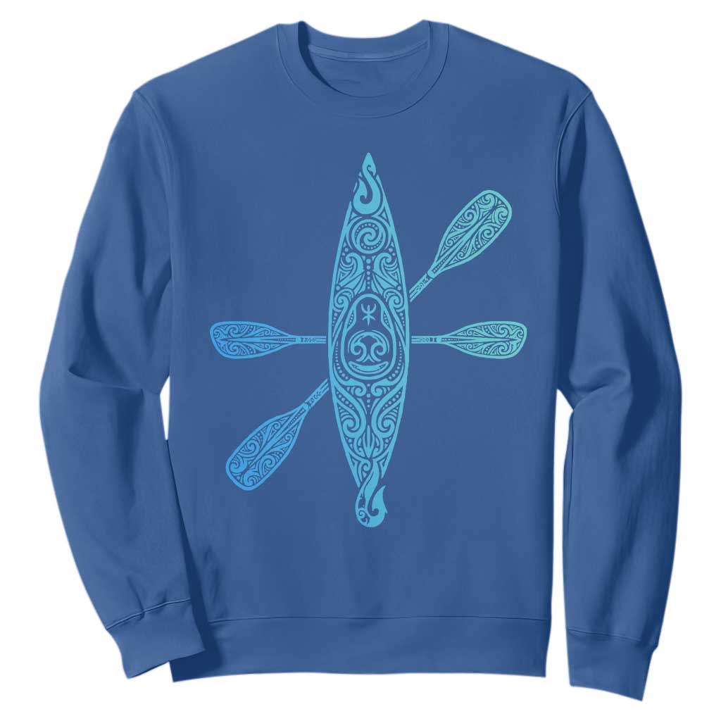 Polynesian Tribal Kayak Graphic Sweatshirt Maori Pattern Water Sports Cyan Gradient Paddling