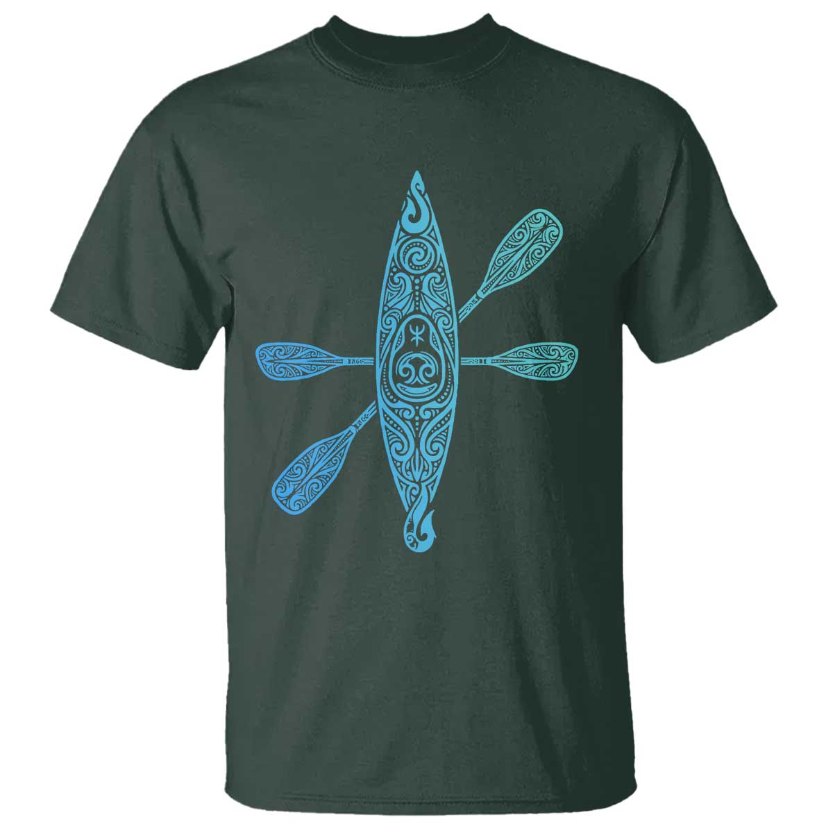 Polynesian Tribal Kayak Graphic T Shirt Maori Pattern Water Sports Cyan Gradient Paddling TS02 Dark Forest Green Print Your Wear