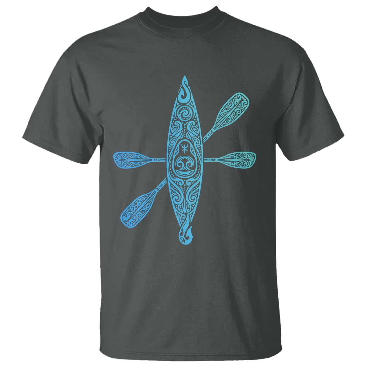 Polynesian Tribal Kayak Graphic T Shirt Maori Pattern Water Sports Cyan Gradient Paddling TS02 Dark Heather Print Your Wear