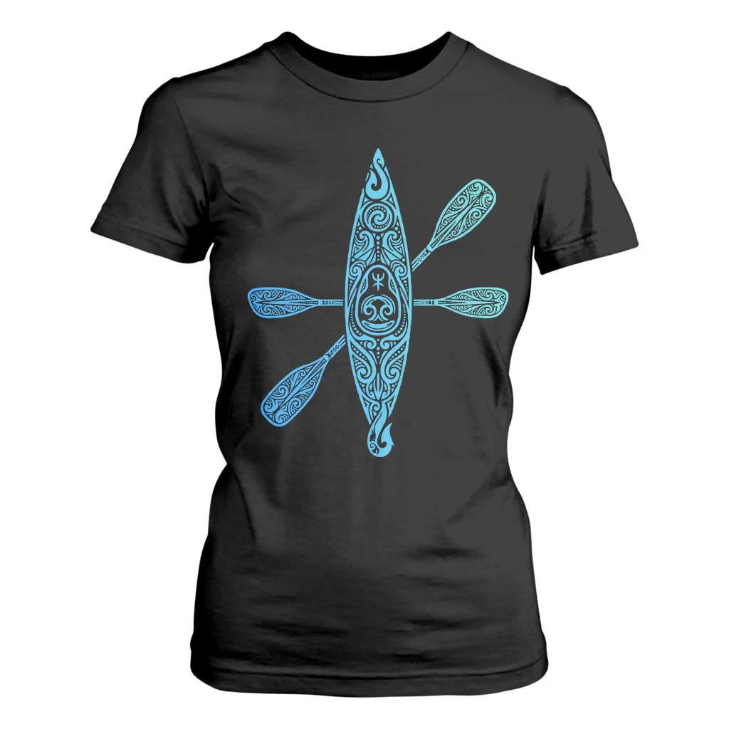 Polynesian Tribal Kayak Graphic T Shirt For Women Maori Pattern Water Sports Cyan Gradient Paddling TS02 Black Print Your Wear