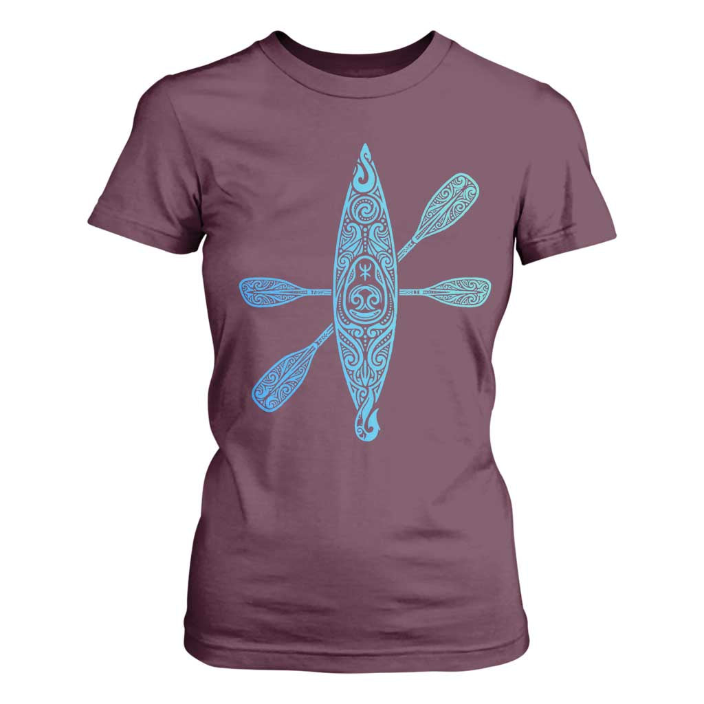 Polynesian Tribal Kayak Graphic T Shirt For Women Maori Pattern Water Sports Cyan Gradient Paddling TS02 Maroon Print Your Wear
