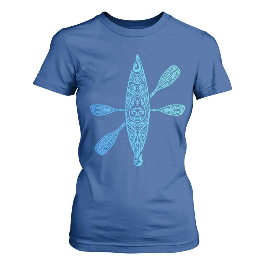Polynesian Tribal Kayak Graphic T Shirt For Women Maori Pattern Water Sports Cyan Gradient Paddling TS02 Royal Blue Print Your Wear