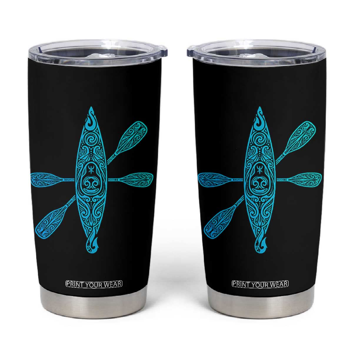Polynesian Tribal Kayak Graphic Tumbler Cup Maori Pattern Water Sports Cyan Gradient Paddling TS02 Black Print Your Wear