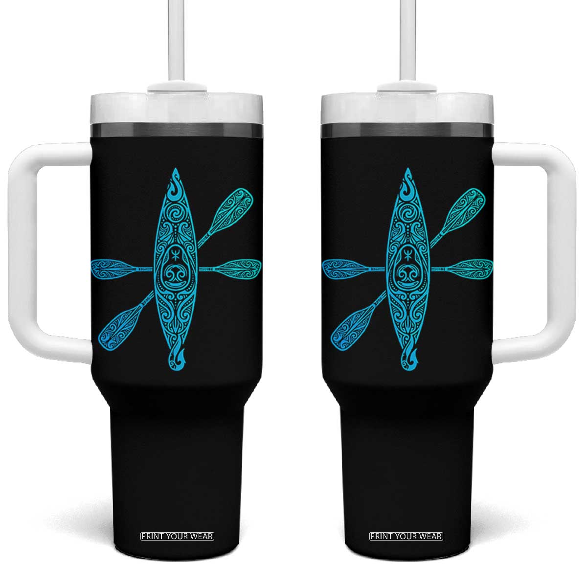 Polynesian Tribal Kayak Graphic Tumbler With Handle Maori Pattern Water Sports Cyan Gradient Paddling TS02 One Size: 40 oz Black Print Your Wear