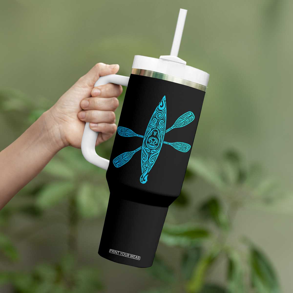 Polynesian Tribal Kayak Graphic Tumbler With Handle Maori Pattern Water Sports Cyan Gradient Paddling TS02 Print Your Wear