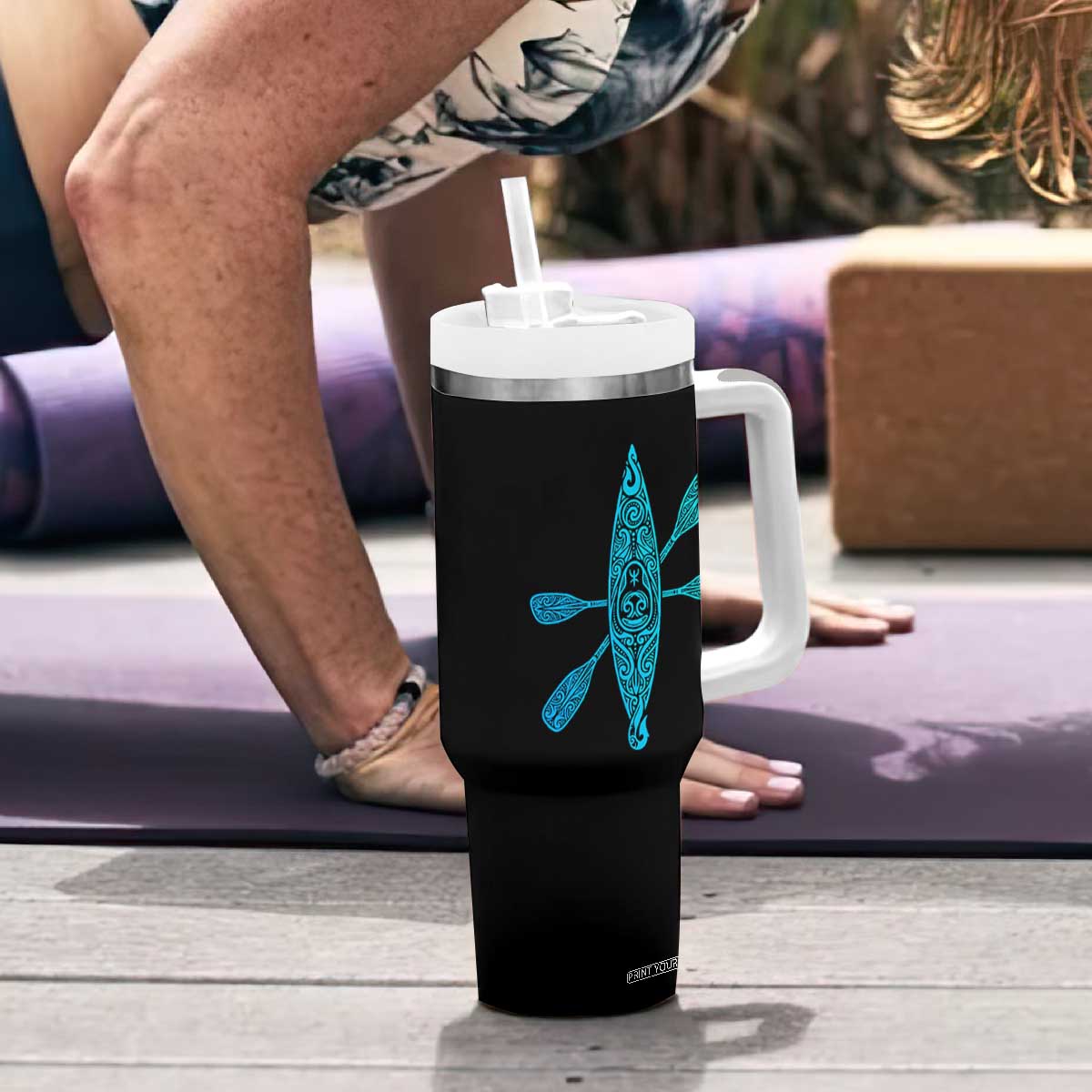 Polynesian Tribal Kayak Graphic Tumbler With Handle Maori Pattern Water Sports Cyan Gradient Paddling TS02 Print Your Wear