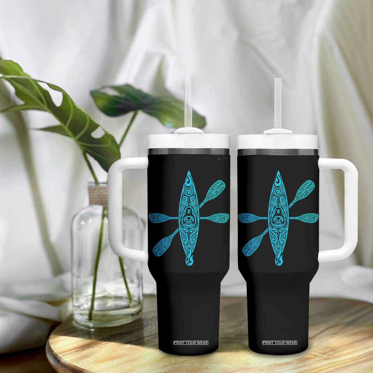 Polynesian Tribal Kayak Graphic Tumbler With Handle Maori Pattern Water Sports Cyan Gradient Paddling TS02 Print Your Wear