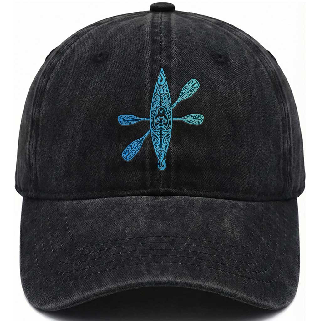 Polynesian Tribal Kayak Graphic Washed Cotton Baseball Cap Maori Pattern Water Sports Cyan Gradient Paddling TS02 Print Your Wear