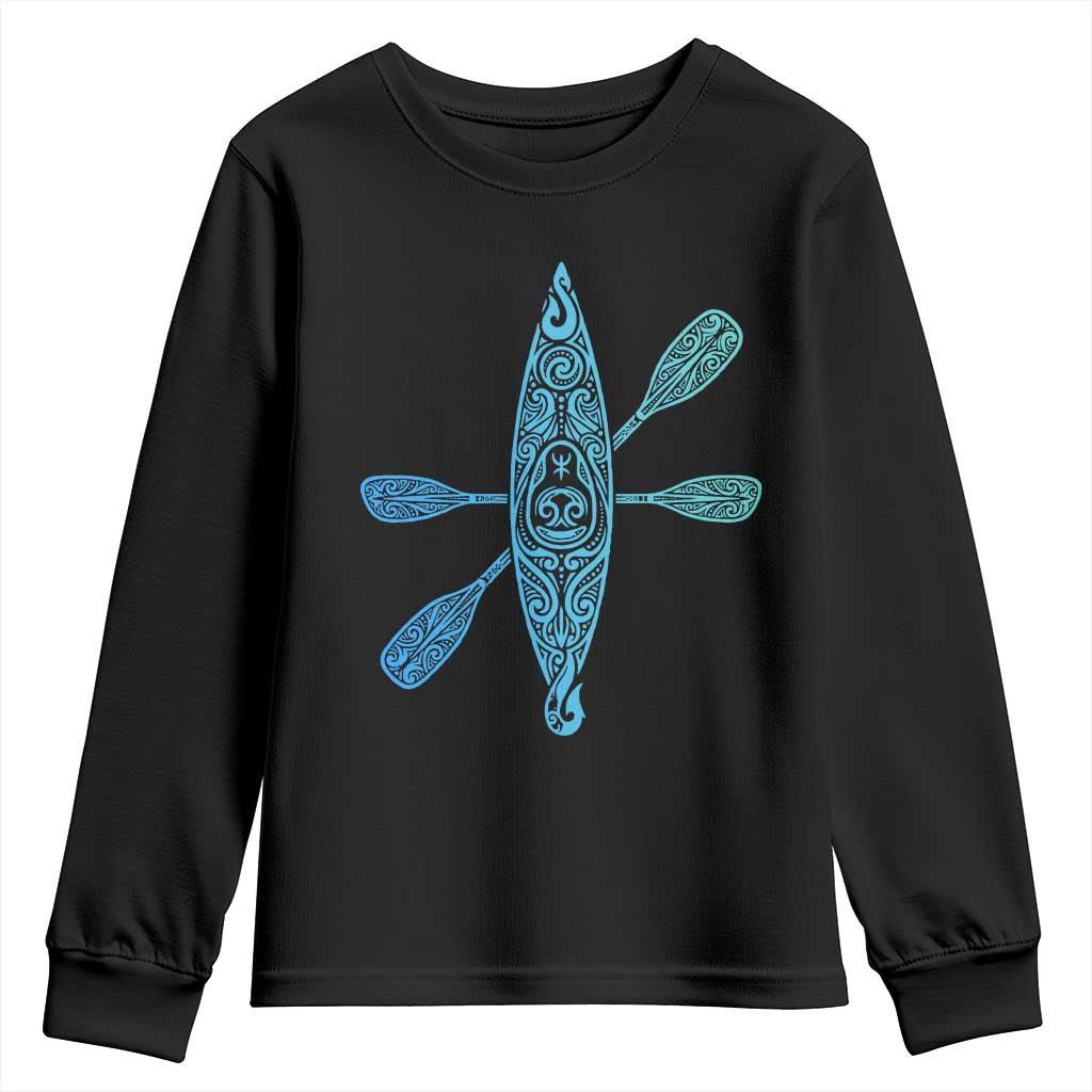 Polynesian Tribal Kayak Graphic Youth Sweatshirt Maori Pattern Water Sports Cyan Gradient Paddling TS02 Black Print Your Wear