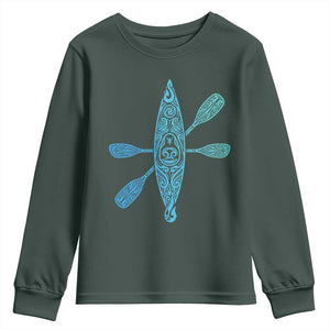 Polynesian Tribal Kayak Graphic Youth Sweatshirt Maori Pattern Water Sports Cyan Gradient Paddling