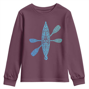 Polynesian Tribal Kayak Graphic Youth Sweatshirt Maori Pattern Water Sports Cyan Gradient Paddling