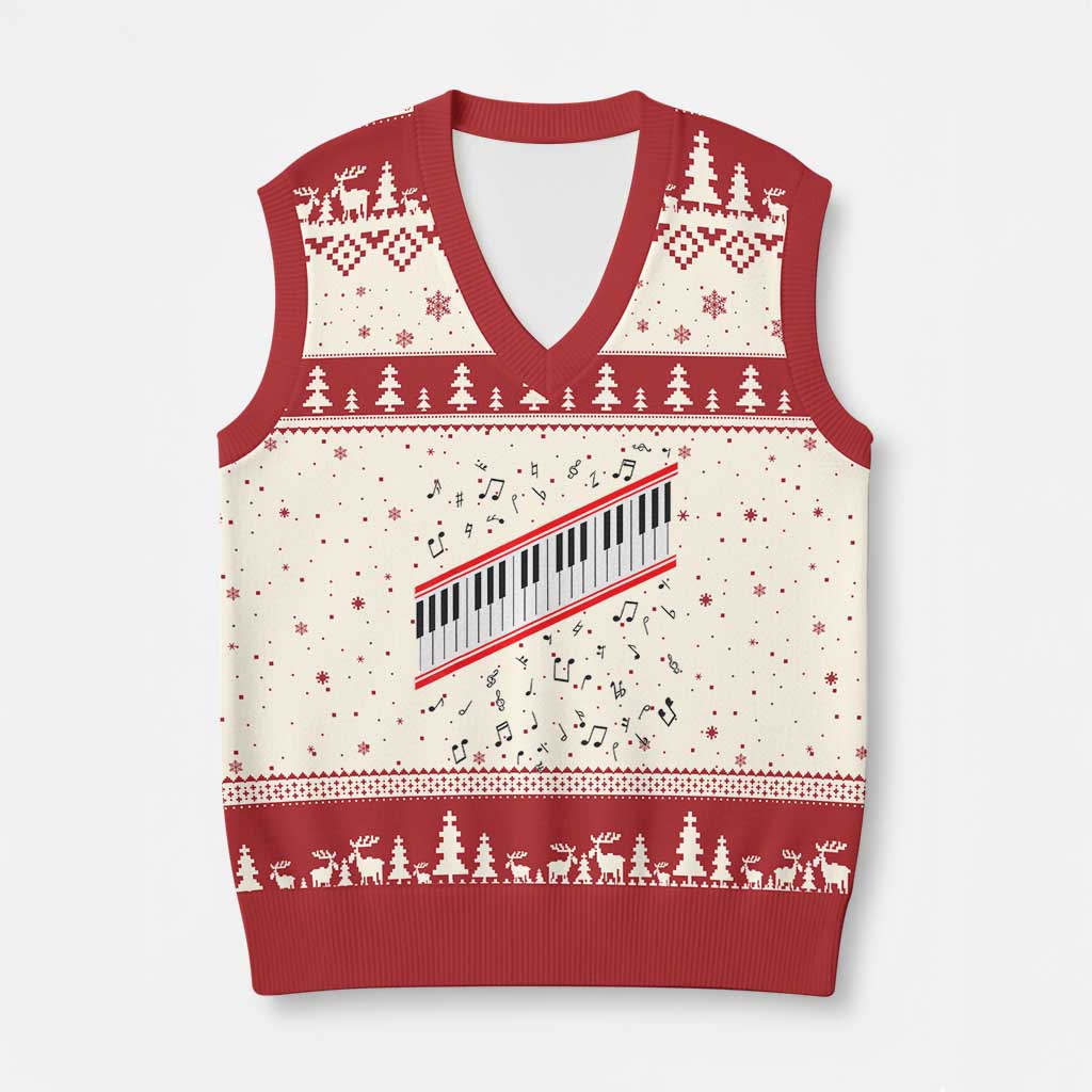 Piano Keyboard Graphic V-Neck Knit Sweater Vest Musical Notes Alignment Pianist