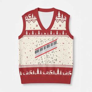 Piano Keyboard Graphic V-Neck Knit Sweater Vest Musical Notes Alignment Pianist