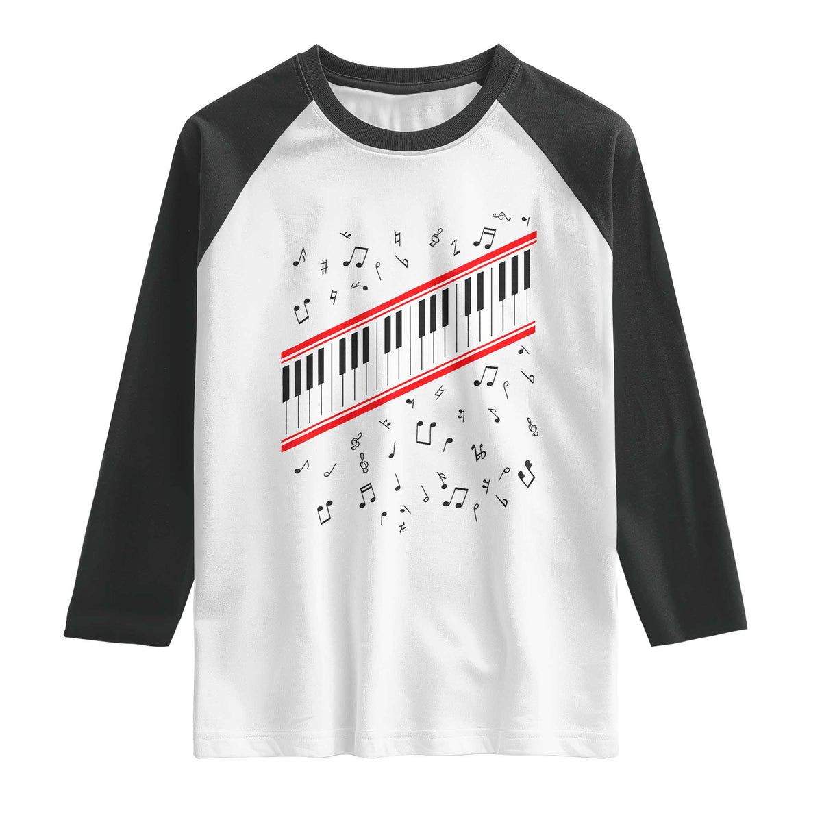 Piano Keyboard Graphic Raglan Shirt Musical Notes Alignment Pianist TS02 White Black Print Your Wear
