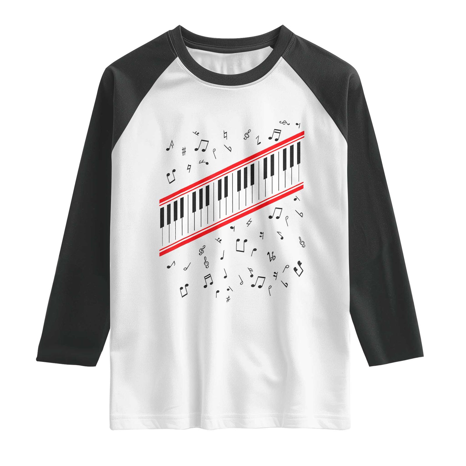Piano Keyboard Graphic Raglan Shirt Musical Notes Alignment Pianist TS02 White Black Print Your Wear
