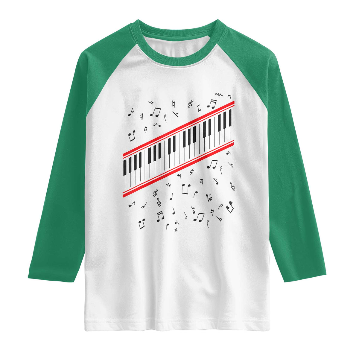 Piano Keyboard Graphic Raglan Shirt Musical Notes Alignment Pianist TS02 White Kelly Green Print Your Wear