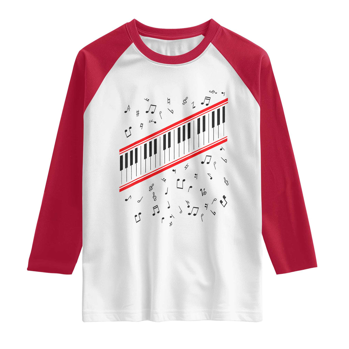 Piano Keyboard Graphic Raglan Shirt Musical Notes Alignment Pianist TS02 White Red Print Your Wear