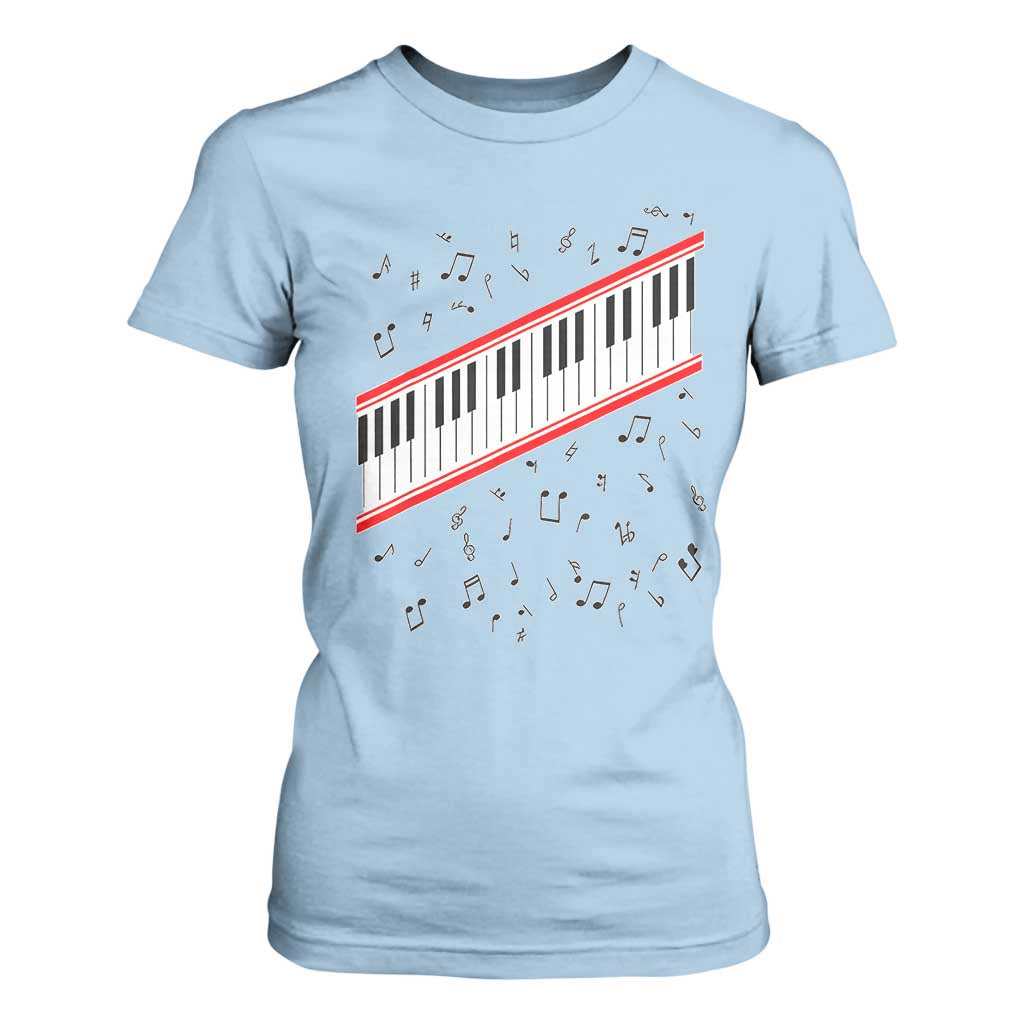 Piano Keyboard Graphic T Shirt For Women Musical Notes Alignment Pianist TS02 Light Blue Print Your Wear