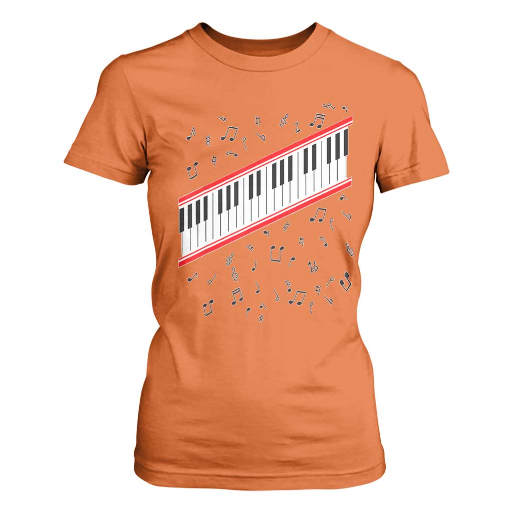 Piano Keyboard Graphic T Shirt For Women Musical Notes Alignment Pianist TS02 Orange Print Your Wear