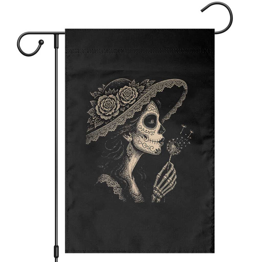 Vintage Dia de los Muertos Catrina Portrait Graphic Garden Flag Gothic Sugar Skull Woman Blowing Dandelion TS02 Black Print Your Wear