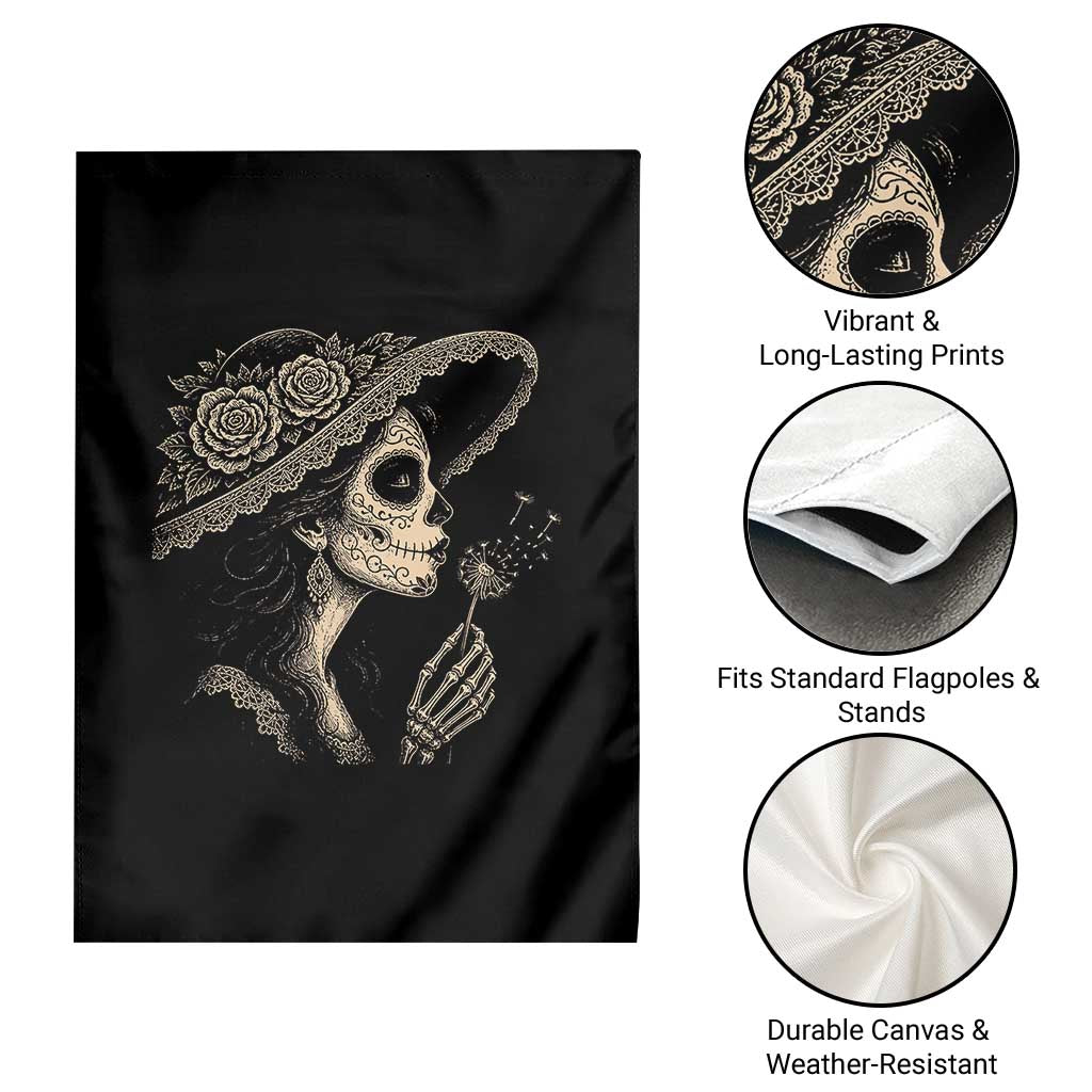 Vintage Dia de los Muertos Catrina Portrait Graphic Garden Flag Gothic Sugar Skull Woman Blowing Dandelion TS02 Print Your Wear