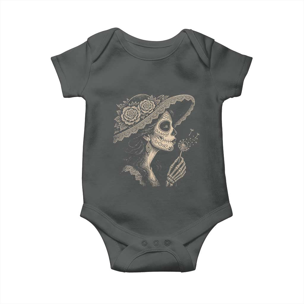 Vintage Dia de los Muertos Catrina Portrait Graphic Baby Onesie Gothic Sugar Skull Woman Blowing Dandelion TS02 Dark Heather Print Your Wear