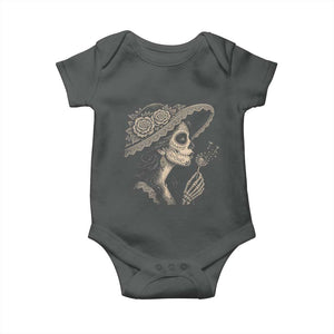 Vintage Dia de los Muertos Catrina Portrait Graphic Baby Onesie Gothic Sugar Skull Woman Blowing Dandelion TS02 Dark Heather Print Your Wear