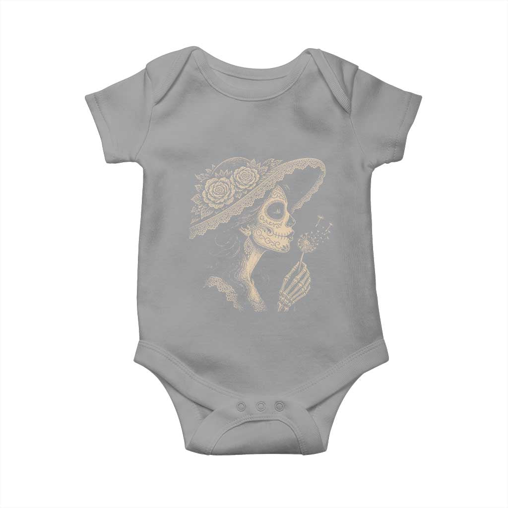 Vintage Dia de los Muertos Catrina Portrait Graphic Baby Onesie Gothic Sugar Skull Woman Blowing Dandelion TS02 Sport Gray Print Your Wear