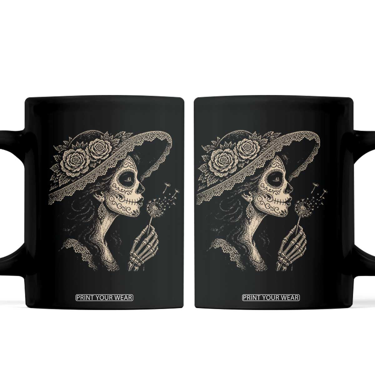 Vintage Dia de los Muertos Catrina Portrait Graphic Coffee Mug Gothic Sugar Skull Woman Blowing Dandelion