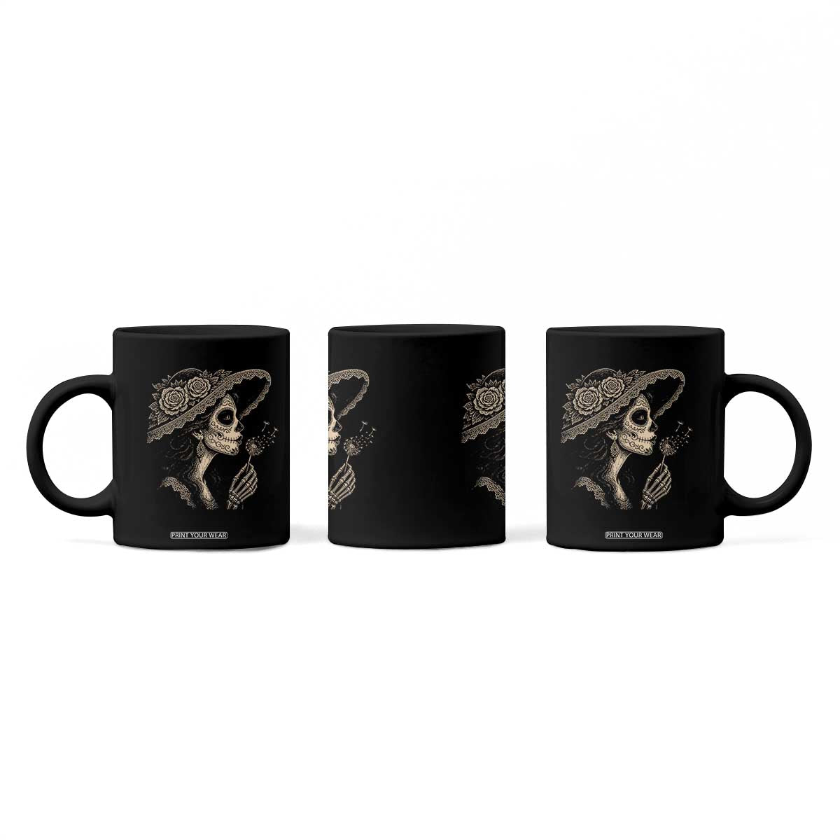 Vintage Dia de los Muertos Catrina Portrait Graphic Coffee Mug Gothic Sugar Skull Woman Blowing Dandelion TS02 Print Your Wear