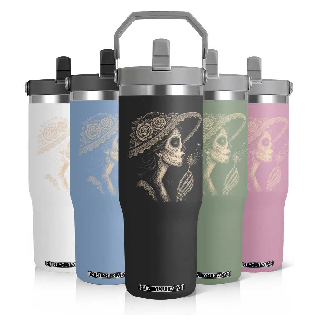 Vintage Dia de los Muertos Catrina Portrait Graphic Flip Straw Tumbler Gothic Sugar Skull Woman Blowing Dandelion TS02 Print Your Wear