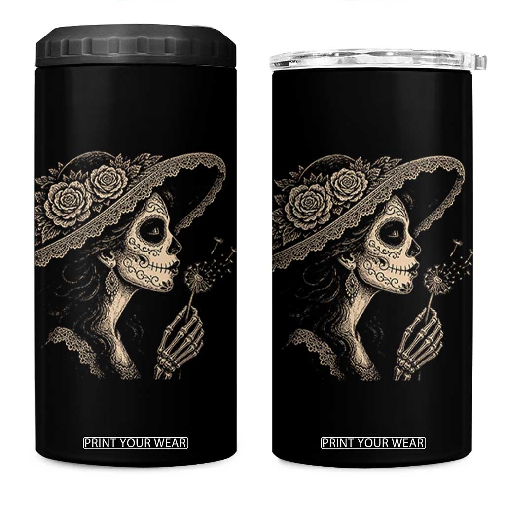 Vintage Dia de los Muertos Catrina Portrait Graphic 4 in 1 Can Cooler Tumbler Gothic Sugar Skull Woman Blowing Dandelion TS02 One Size: 16 oz Black Print Your Wear