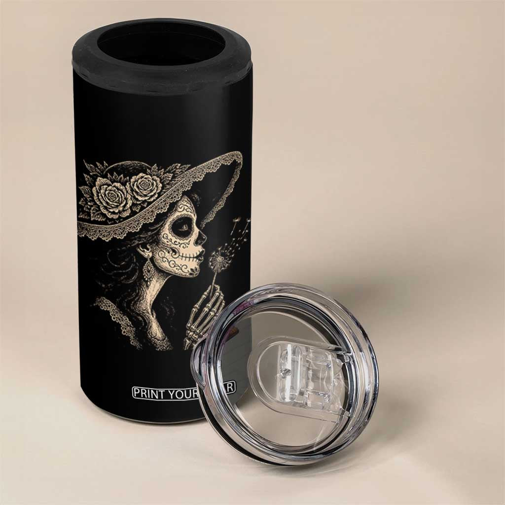 Vintage Dia de los Muertos Catrina Portrait Graphic 4 in 1 Can Cooler Tumbler Gothic Sugar Skull Woman Blowing Dandelion TS02 Print Your Wear