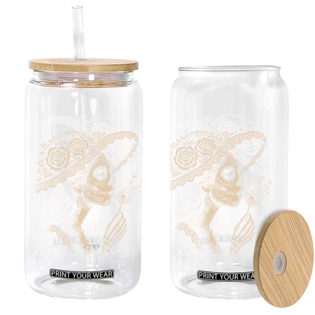 Vintage Dia de los Muertos Catrina Portrait Graphic Glass Can Gothic Sugar Skull Woman Blowing Dandelion TS02 Print Your Wear