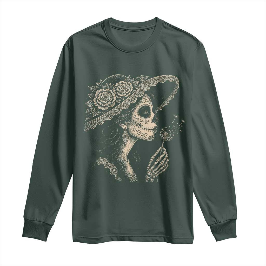 Vintage Dia de los Muertos Catrina Portrait Graphic Long Sleeve Shirt Gothic Sugar Skull Woman Blowing Dandelion TS02 Dark Forest Green Print Your Wear
