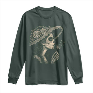 Vintage Dia de los Muertos Catrina Portrait Graphic Long Sleeve Shirt Gothic Sugar Skull Woman Blowing Dandelion TS02 Dark Forest Green Print Your Wear