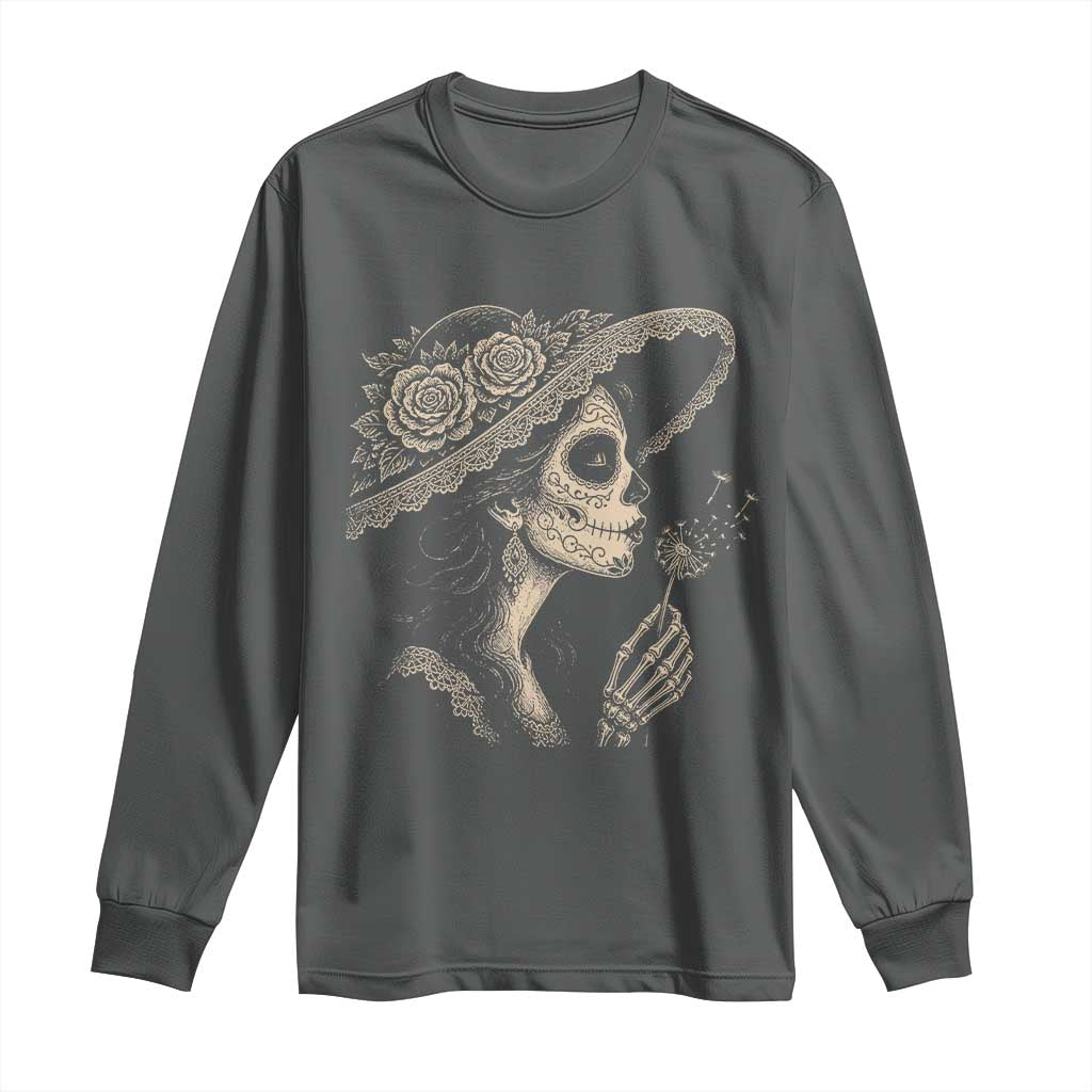 Vintage Dia de los Muertos Catrina Portrait Graphic Long Sleeve Shirt Gothic Sugar Skull Woman Blowing Dandelion TS02 Dark Heather Print Your Wear