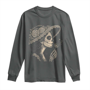 Vintage Dia de los Muertos Catrina Portrait Graphic Long Sleeve Shirt Gothic Sugar Skull Woman Blowing Dandelion TS02 Dark Heather Print Your Wear