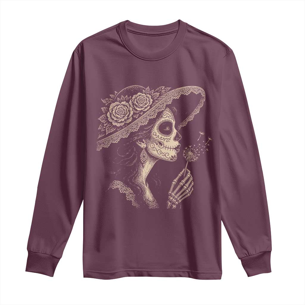 Vintage Dia de los Muertos Catrina Portrait Graphic Long Sleeve Shirt Gothic Sugar Skull Woman Blowing Dandelion TS02 Maroon Print Your Wear