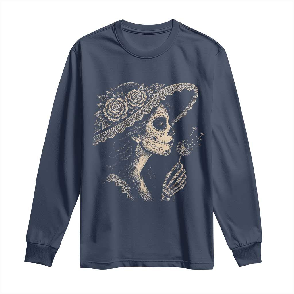 Vintage Dia de los Muertos Catrina Portrait Graphic Long Sleeve Shirt Gothic Sugar Skull Woman Blowing Dandelion TS02 Navy Print Your Wear