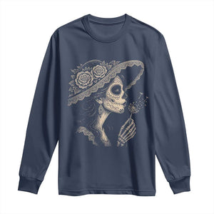 Vintage Dia de los Muertos Catrina Portrait Graphic Long Sleeve Shirt Gothic Sugar Skull Woman Blowing Dandelion TS02 Navy Print Your Wear
